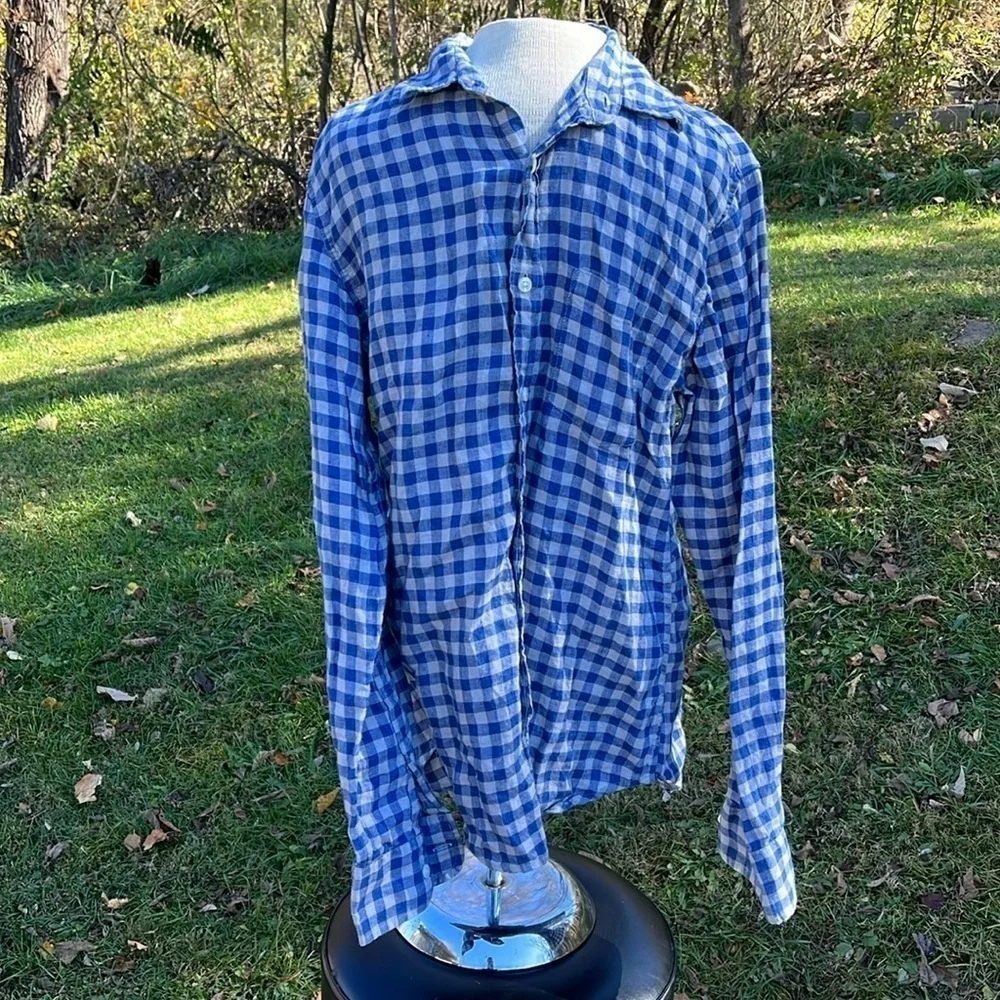 J.Crew checkered, slim button down long sleeve shirt blue/gray,100% linen,medium